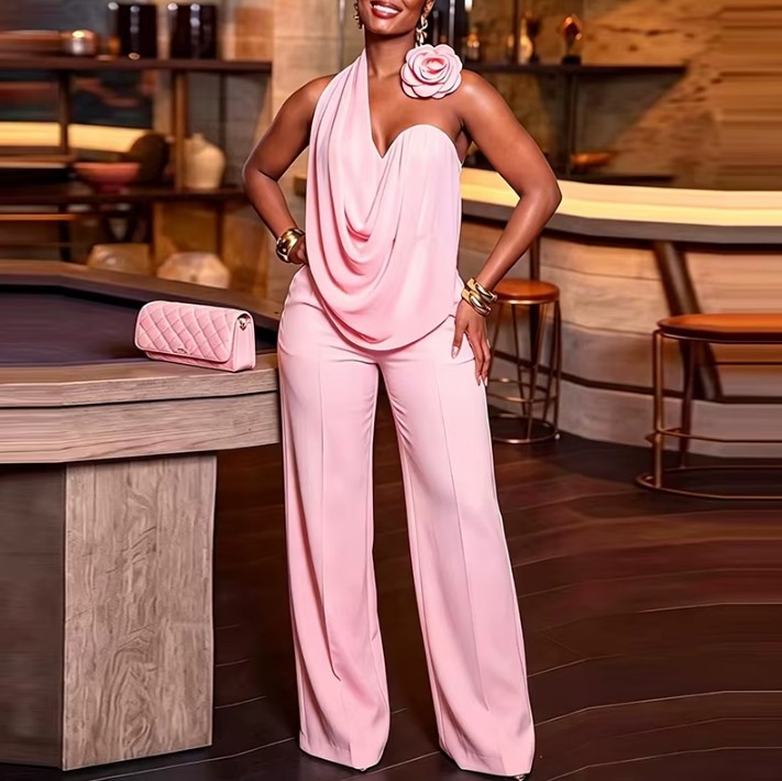 Rosa Damen-Set mit Neckholder-Top & weiter Hose – 2-teiliges Outfit mit 3D-Blumendekor