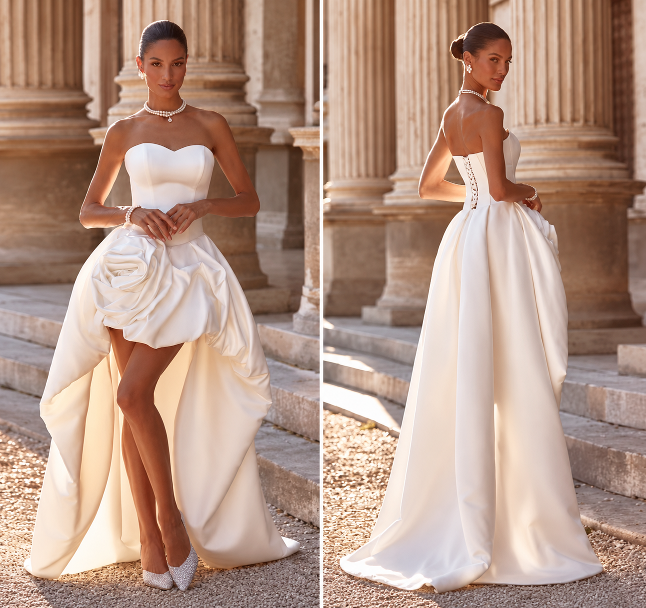 High-Low Satin A-Linie Brautkleid - Trägerlos & Open Back