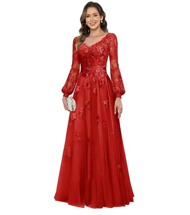 Rotes Kleid für Hochzeitsgäste - V-Ausschnitt & Spitze