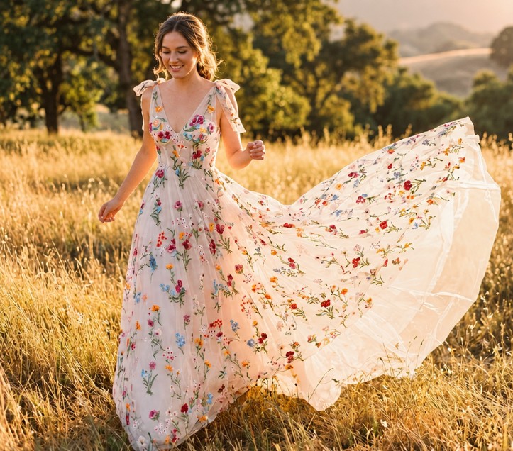 Boho Hochzeitskleid mit Blumenspitze - V-Ausschnitt & Schnürung