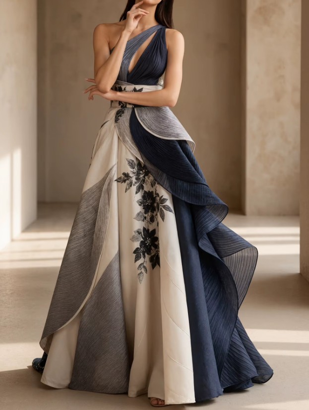 Elegantes Damen-Abendkleid mit V-Ausschnitt und Blumenmuster – Ärmellos, asymmetrisch & mit Rüschen