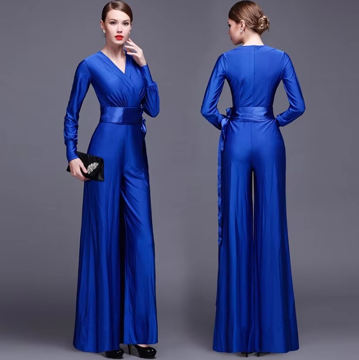 Damen Jumpsuit Blau - V-Ausschnitt, Gürtel & Weites Bein
