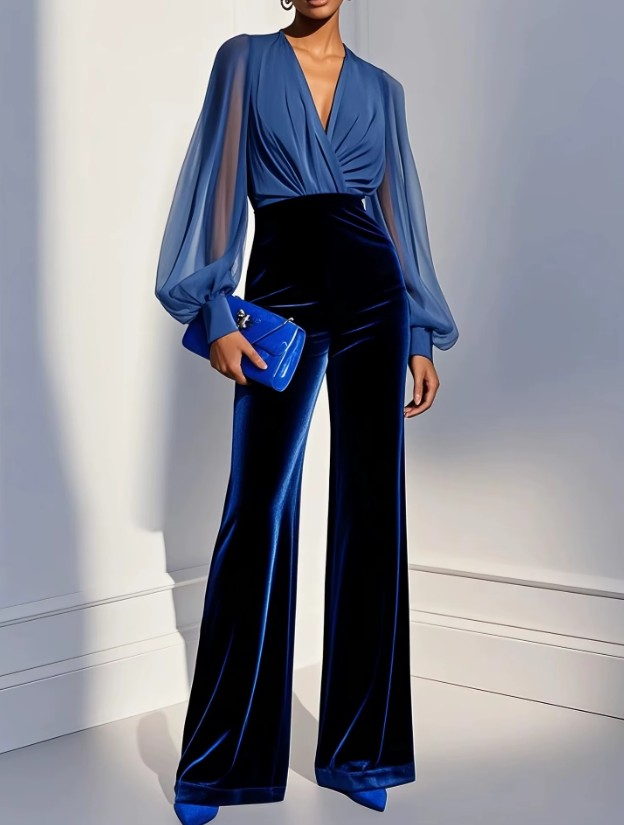 V-Ausschnitt Samt-Jumpsuit in Blau für Hochzeitsgäste – Langarm, hohe Taille & weites Bein