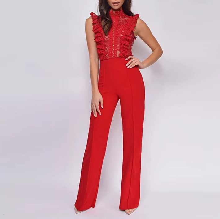 Modischer Damen-Jumpsuit in Rot für Hochzeitsgäste – High-Waist, Weites Bein & Spitze