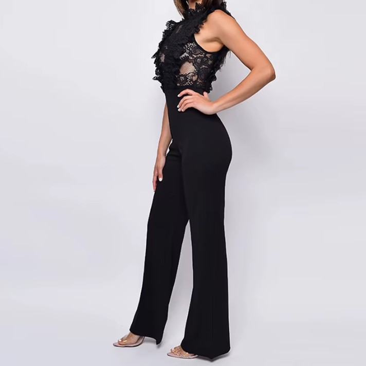 Modischer Damen-Jumpsuit in Schwarz für Hochzeitsgäste – High-Waist, Weites Bein & Spitze