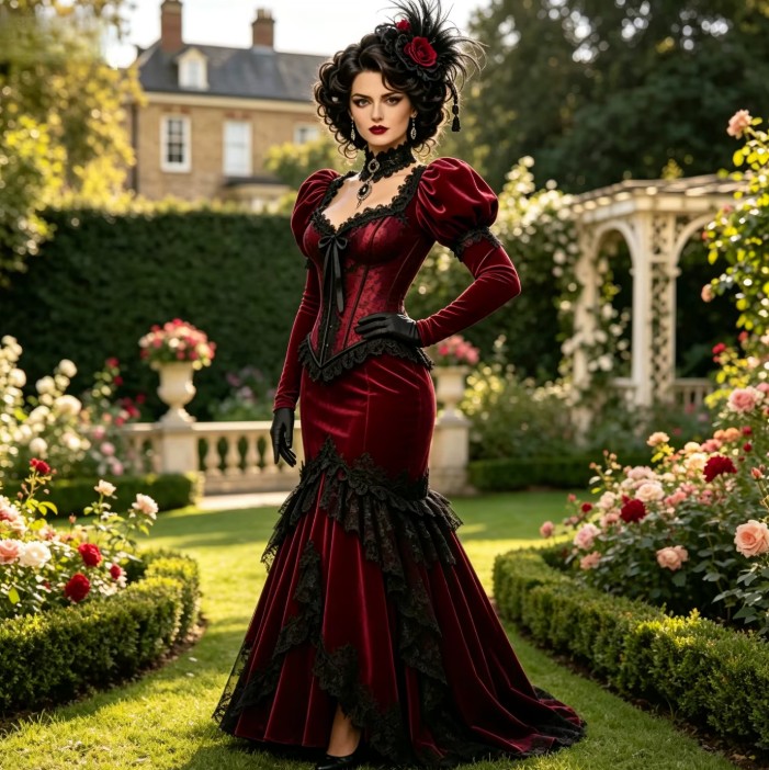 Viktorianisches Gothic-Brautkleid in Rot mit Samt, Spitze & Korsett