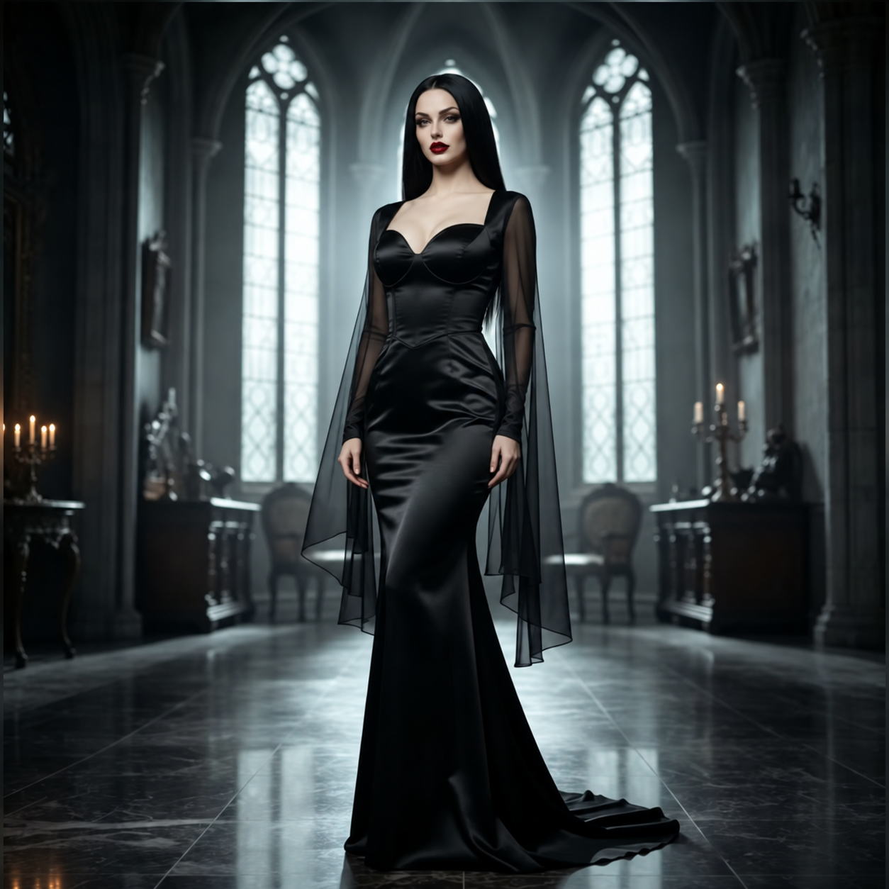 Schwarzes Gothic Brautkleid aus Satin mit Umhang, Korsett & Schleppe