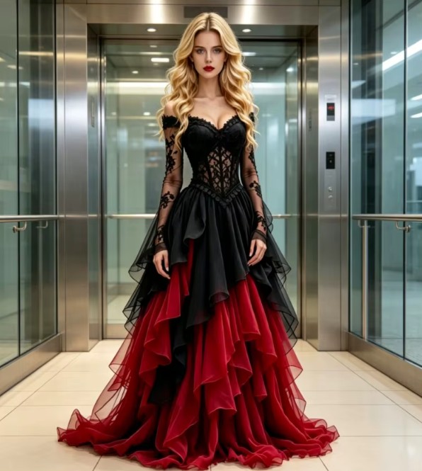 Schwarz-rotes Gothic Brautkleid mit Spitze & Chiffon – Schulterfrei