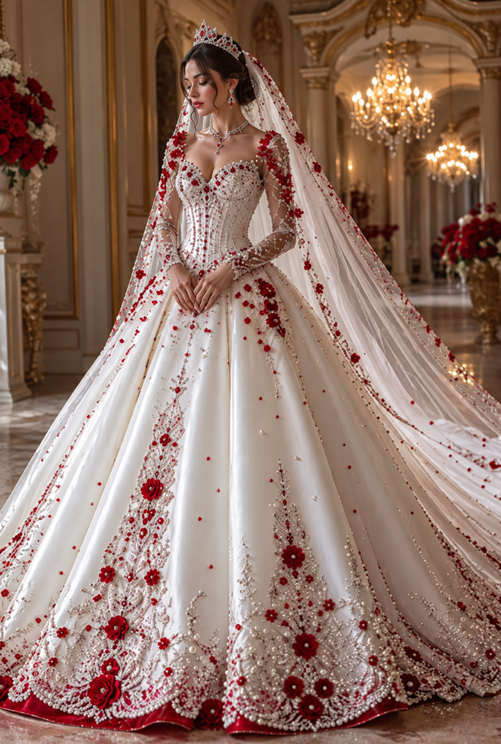 Viktorianisches Vintage Hochzeitskleid mit langen Ärmeln, Perlen & Edelsteinen