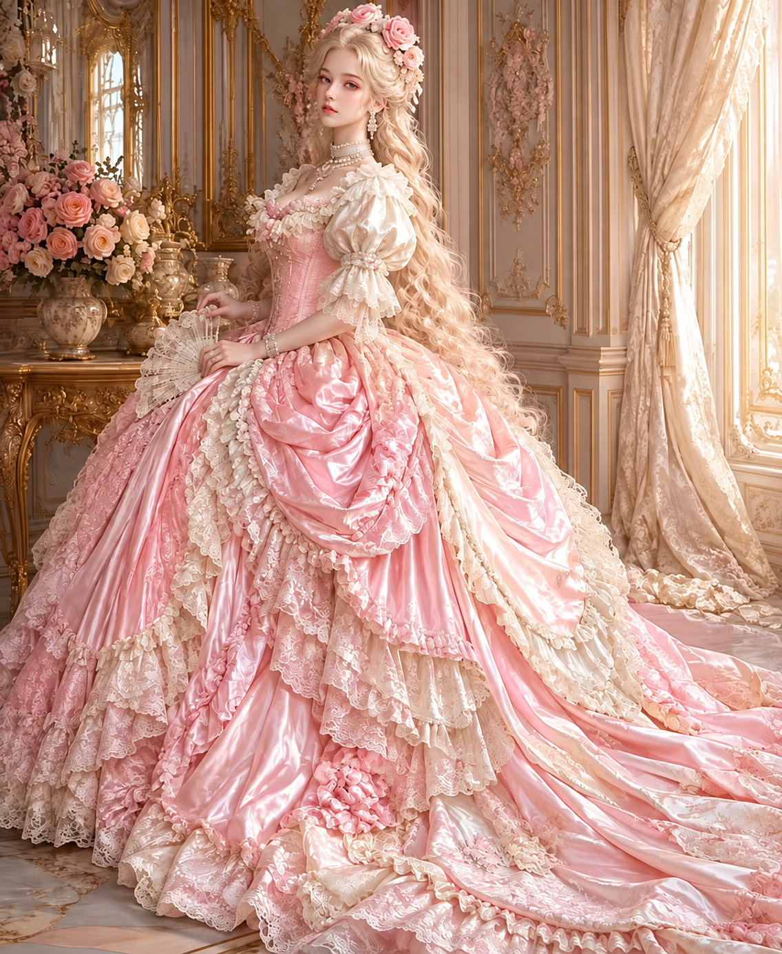 Rosa viktorianisches Prinzessinnen-Brautkleid mit Spitze & Puffärmeln