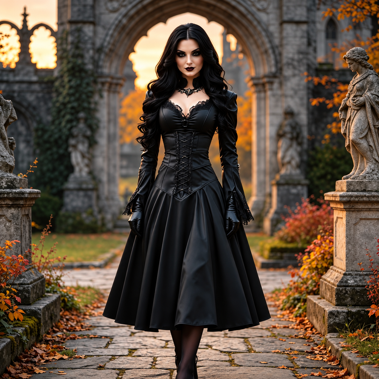 Schwarzes Gothic Satin Kleid mit Korsett, Spitze & langen Ärmeln Wadenlang