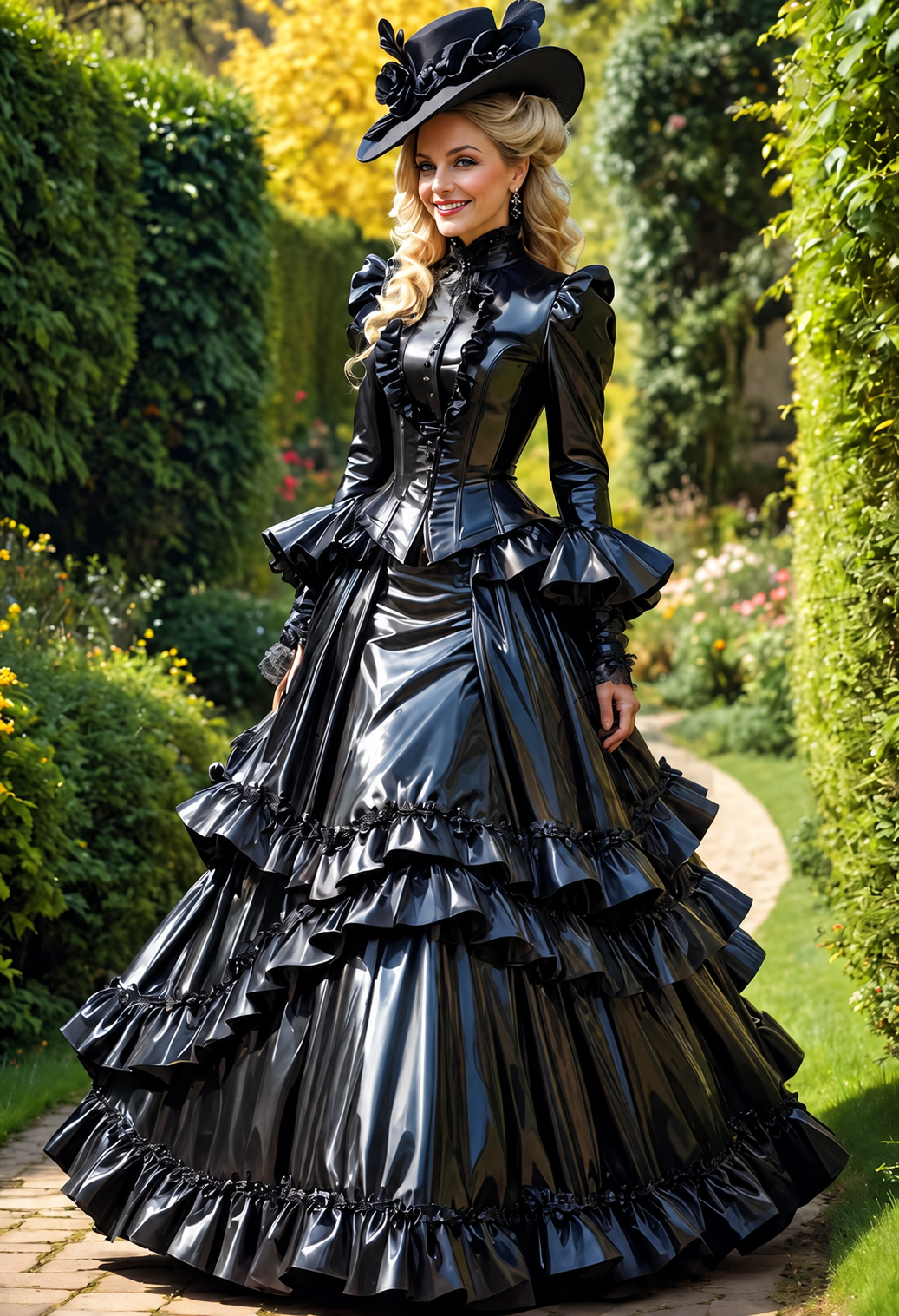 Viktorianisches Gothic-Brautkleid mit Puffärmeln, Rüschen & Stufenrock