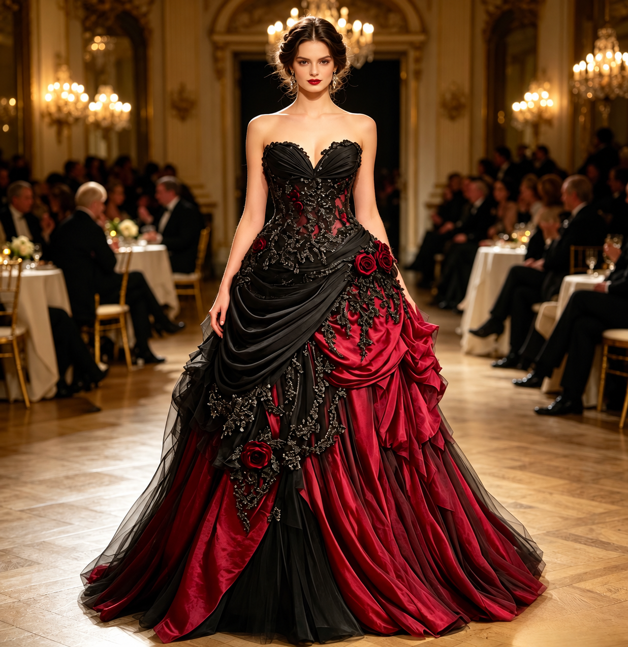 Schwarz-Rotes Gothic Brautkleid mit Rosen-Spitze & Satin Mittelalterlich