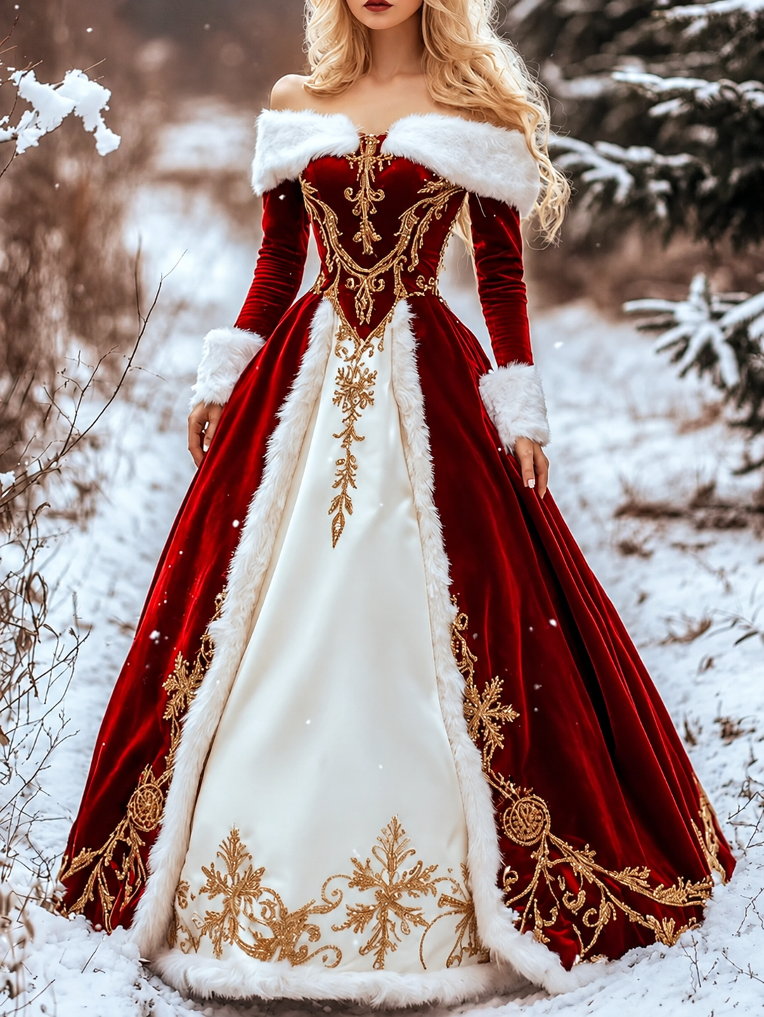 Vintage Weihnachts-Brautkleid Rot-Weiß Schulterfrei mit Kunstfell & Stickerei