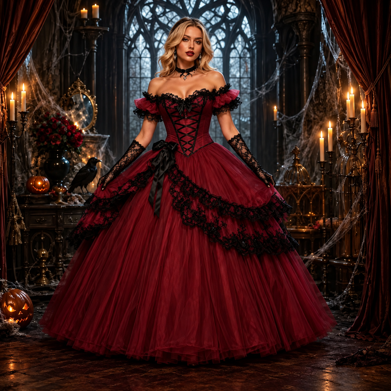 Burgunderrotes Gothic-Brautkleid aus Tüll - Viktorianisch, Schulterfrei & Spitze