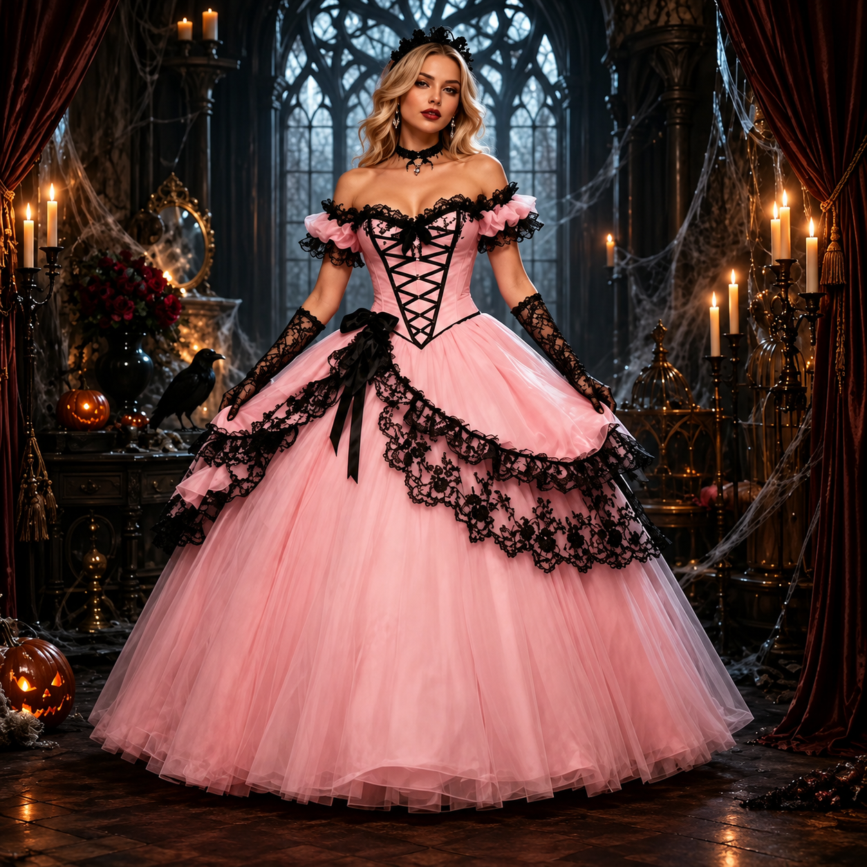 Burgunderrotes Gothic-Brautkleid aus Tüll - Viktorianisch, Schulterfrei & Spitze