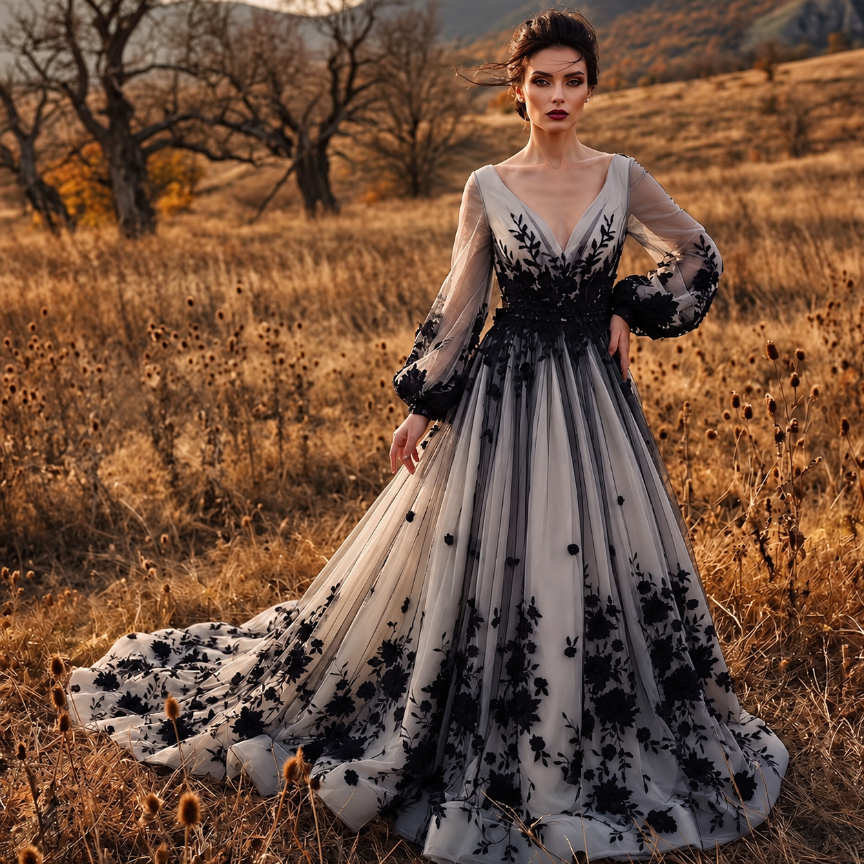 Grau-Schwarzes Gothic Brautkleid mit Spitze und Tüll