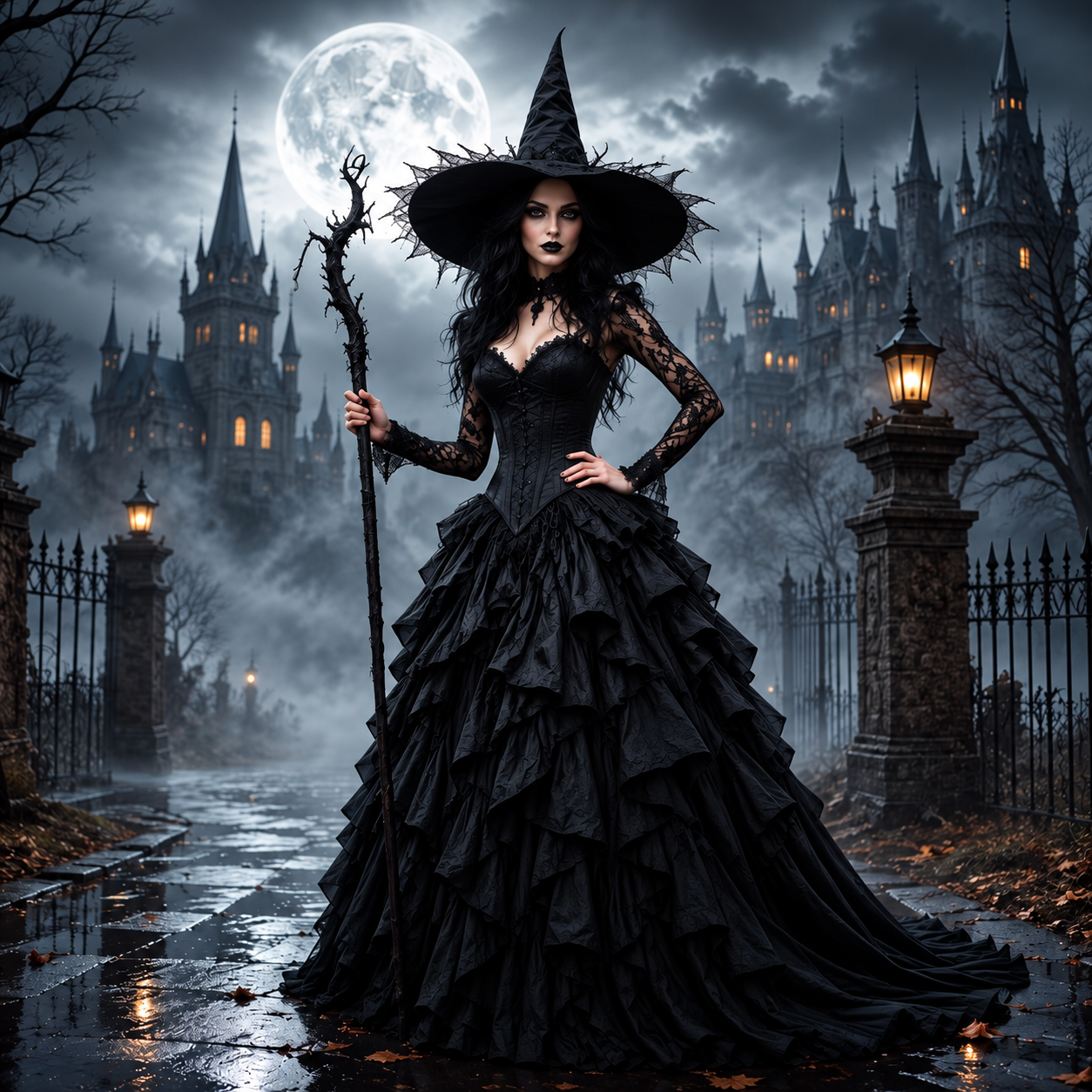 Gothic-Brautkleid mit schwarzer Spitze und Rüschen