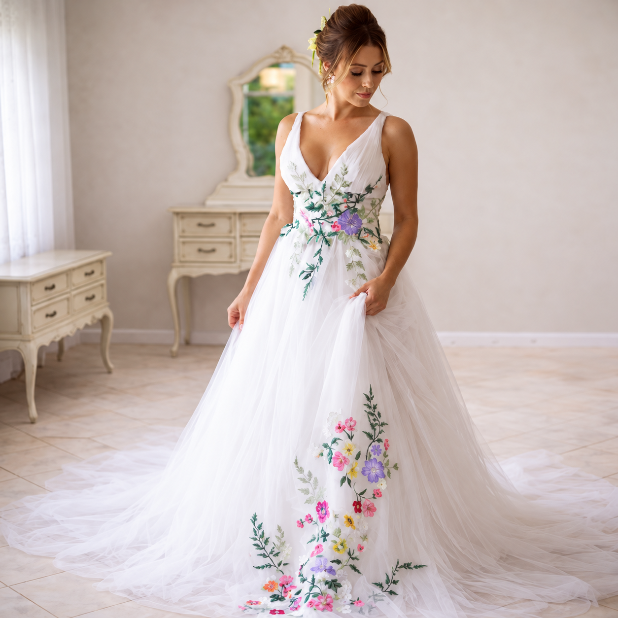 Romantisches Brautkleid mit Blumenstoff und V-Ausschnitt – Ärmellos & Elegant