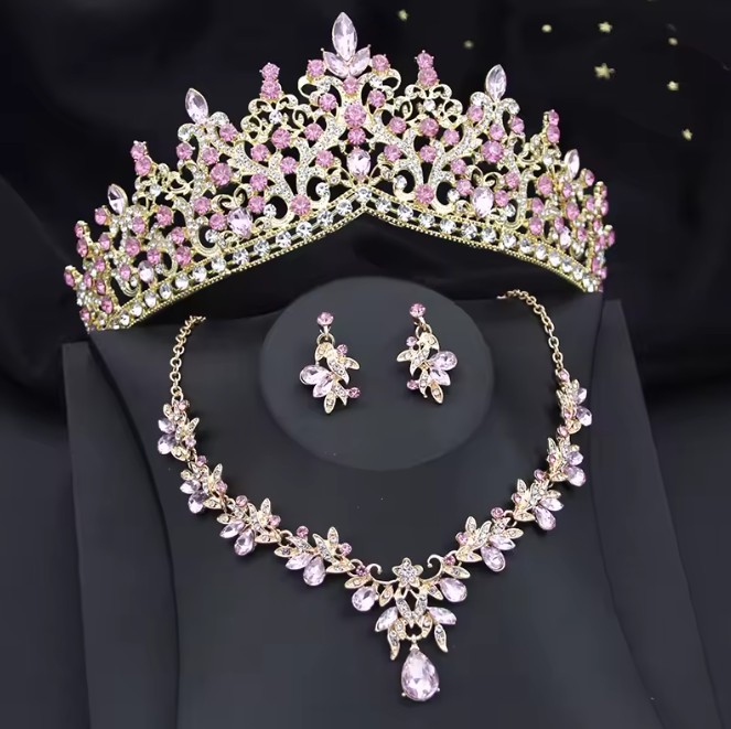 Rosa Brautschmuck-Set mit Diadem, Halskette und Ohrringen für die Hochzeit