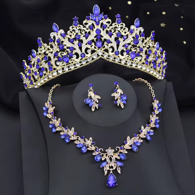 Blaues Brautschmuck-Set mit Tiara, Halskette und Ohrringen
