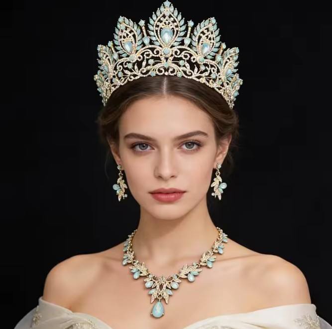 Prinzessinnen-Brautschmuck-Set mit Krone, Halskette & Ohrringen