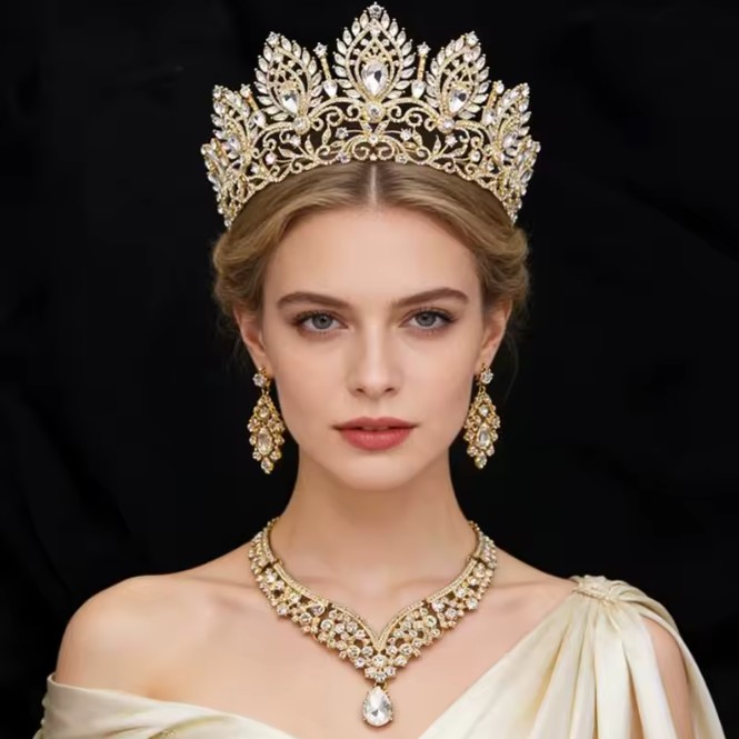 Goldenes Brautschmuck-Set mit Diadem, Halskette & Ohrringen