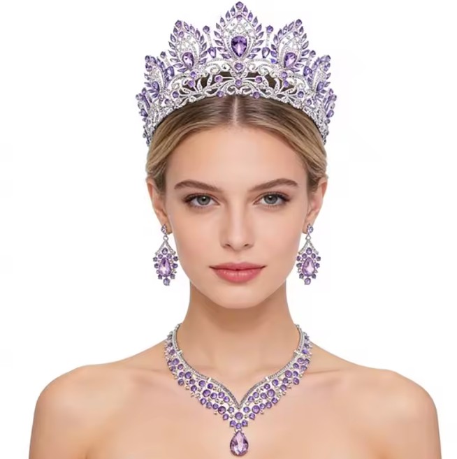 Silber-Lila Prinzessinnen-Brautschmuck-Set mit Diadem, Halskette und Ohrringen