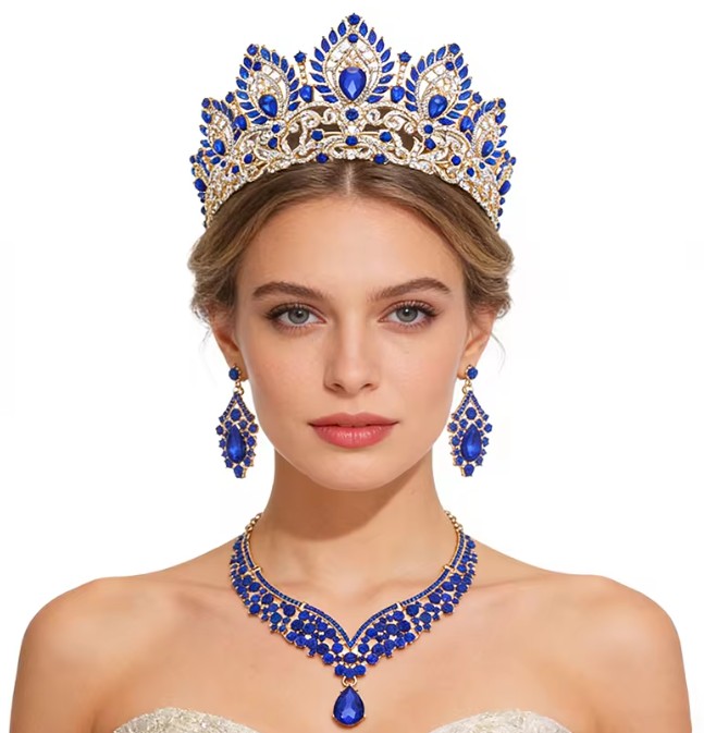 Gold-Blaues Prinzessinnen-Brautschmuck-Set mit Diadem, Halskette und Ohrringen