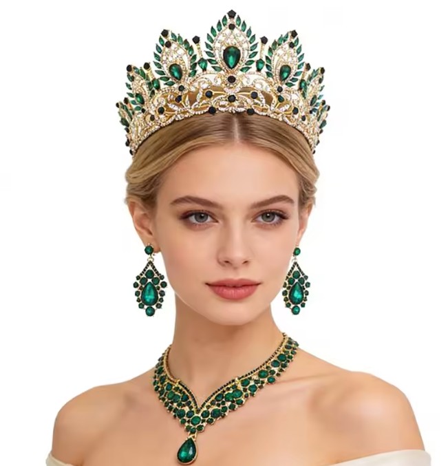Gold-Grünes Prinzessinnen-Brautschmuck-Set mit Diadem, Halskette und Ohrringen
