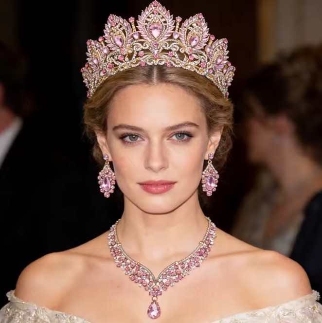 Gold-Rosa Prinzessinnen-Brautschmuck-Set mit Diadem, Halskette und Ohrringen