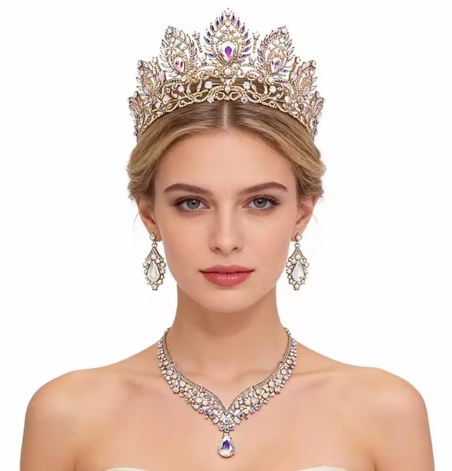 Gold-Multicolor Prinzessinnen-Brautschmuck-Set mit Diadem, Halskette und Ohrringen