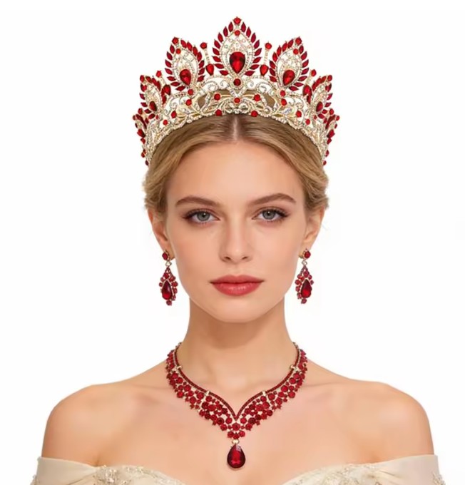 Gold-Rotes Prinzessinnen-Brautschmuck-Set mit Diadem, Halskette und Ohrringen