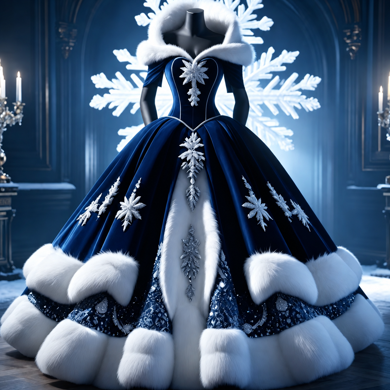 Dunkelblaues Winter-Brautkleid „Schneekönigin“ mit Kunstpelzbesatz und Schneeflocken-Stickerei