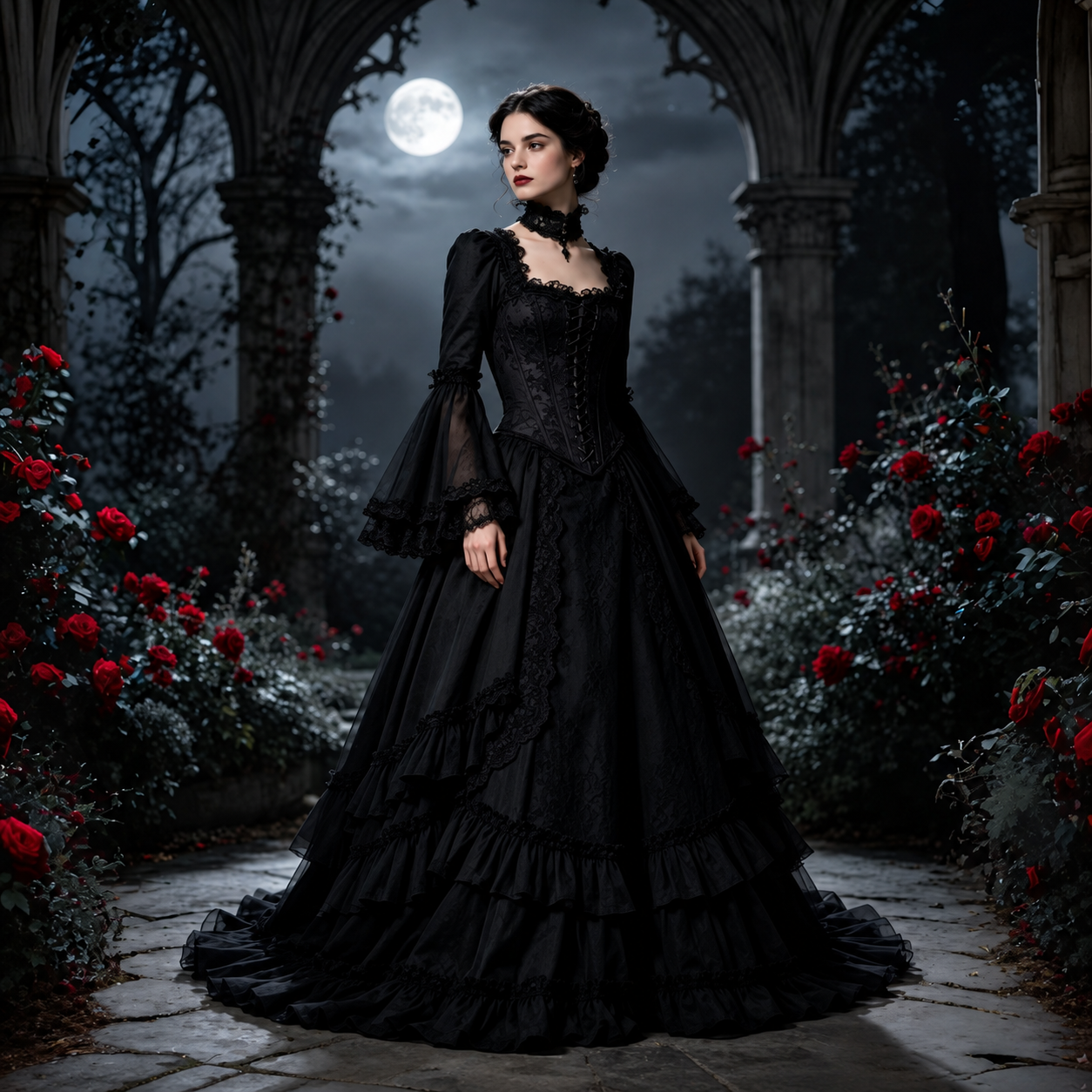 Schwarzes Gothic-Brautkleid im viktorianischen Stil mit Korsett