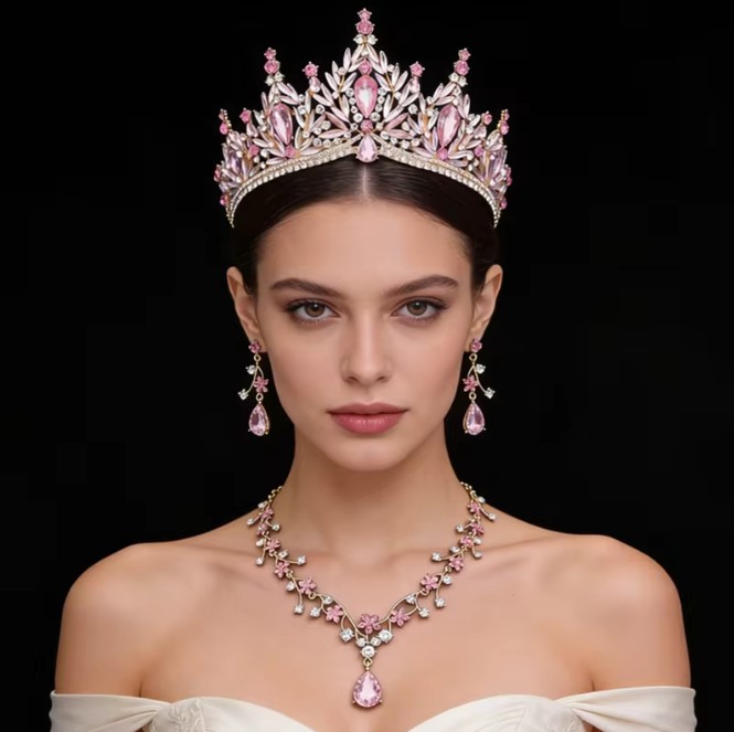 Rosa Brautschmuckset 3-teilig mit Diadem, Halskette und Ohrringen – Prinzessinnen-Hochzeitsschmuck