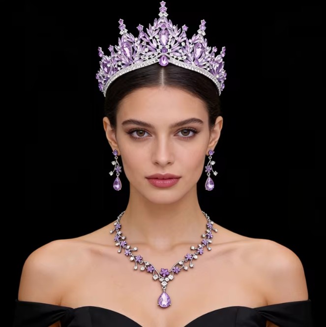Lila Brautschmuckset 3-teilig mit Diadem, Halskette und Ohrringen – Prinzessinnen-Hochzeitsschmuck
