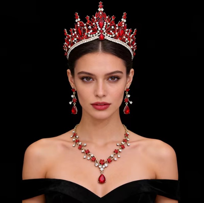 Rotes Brautschmuckset 3-teilig mit Diadem, Halskette und Ohrringen – Prinzessinnen-Hochzeitsschmuck