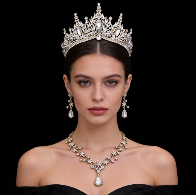 Goldenes Brautschmuckset 3-teilig mit Diadem, Halskette und Ohrringen – Prinzessinnen-Hochzeitsschmuck