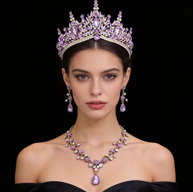 Gold-Lila Brautschmuckset 3-teilig mit Diadem, Halskette und Ohrringen – Prinzessinnen-Hochzeitsschmuck