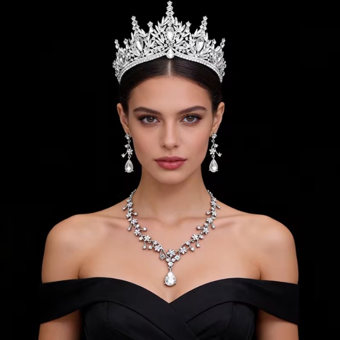 Silbernes Brautschmuckset 3-teilig mit Diadem, Halskette und Ohrringen – Prinzessinnen-Hochzeitsschmuck