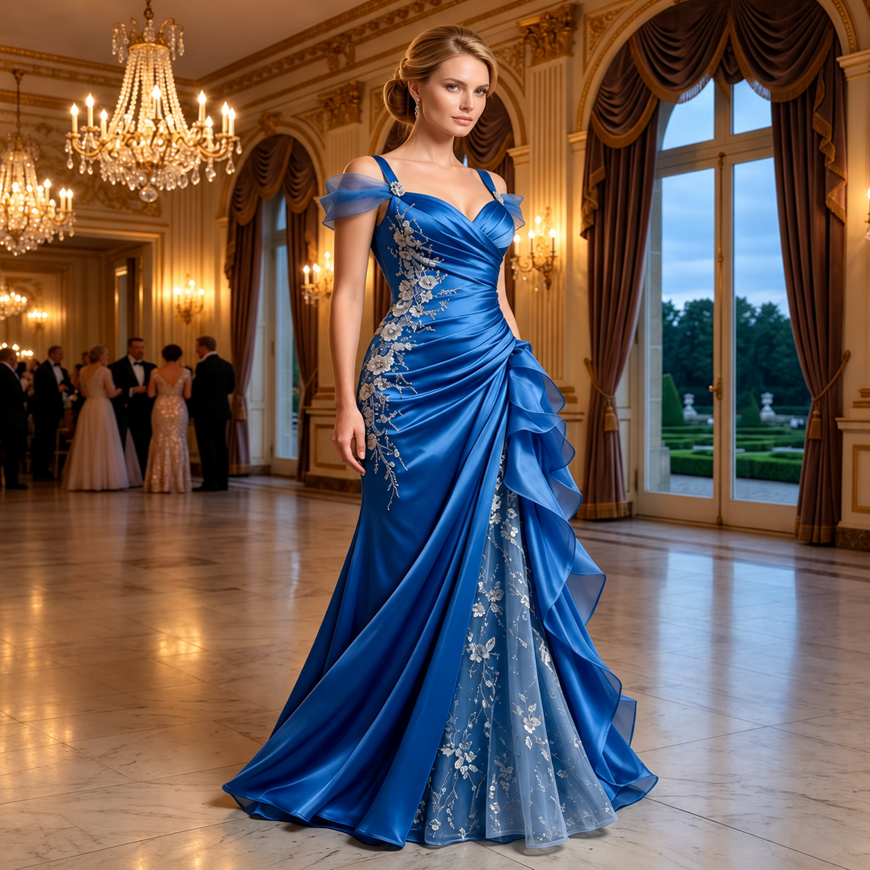 Königsblaues Satin-Brautkleid mit Tüllträgern und Beinschlitz
