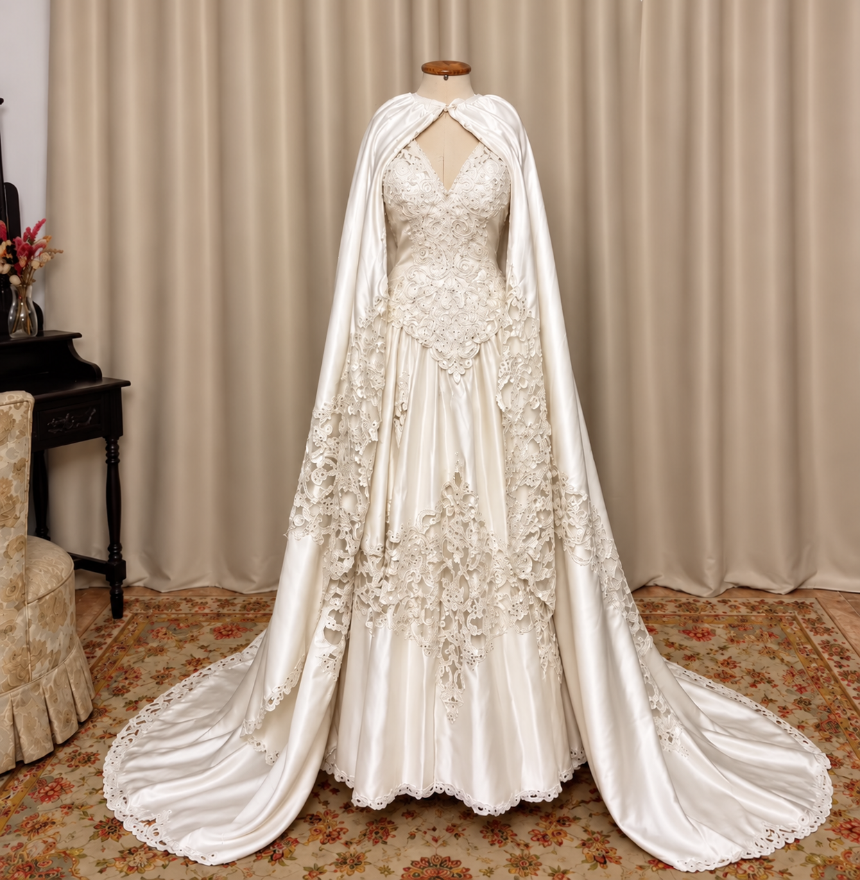 Weißes Satin-Brautkleid mit Umhang & Spitze im Vintage-Stil