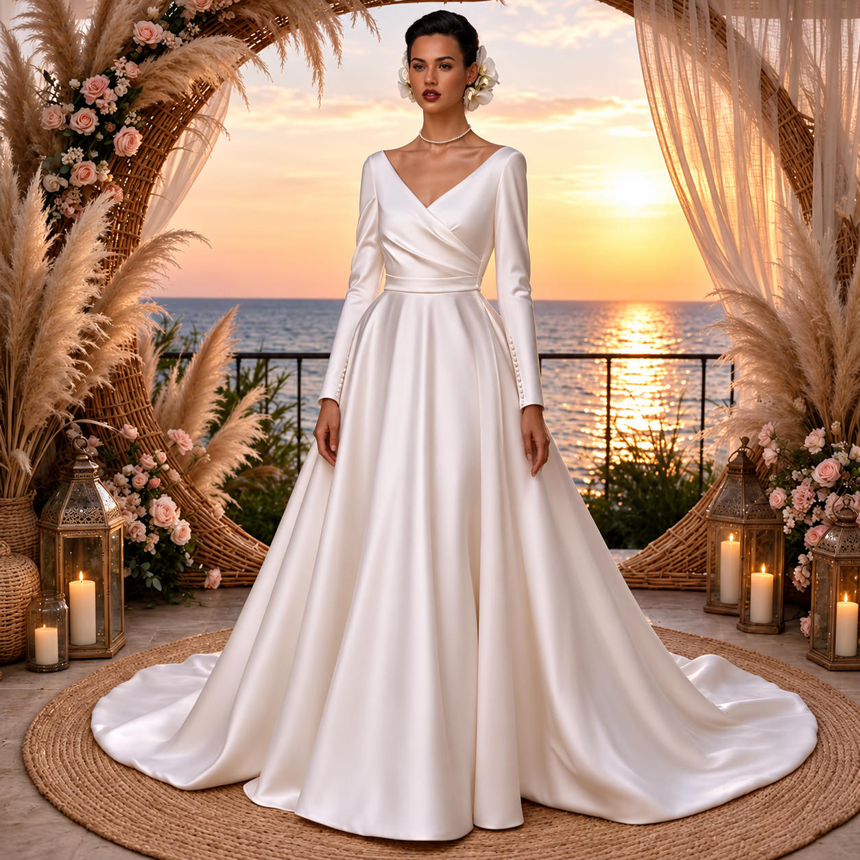 Clean-Chic Satin-Brautkleid – A-Linie, rückenfrei & lange Ärmel