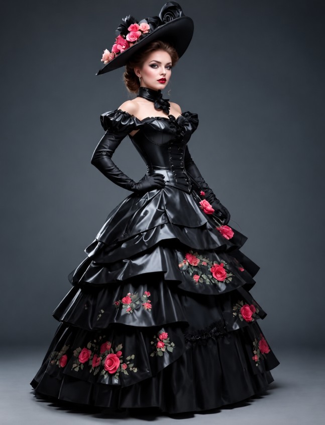 Schwarzes viktorianisches Brautkleid – Vintage PVC mit Volants