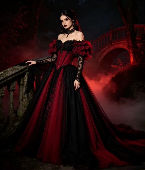 Gothic-Brautkleid Schwarz-Burgunderrot mit Spitze