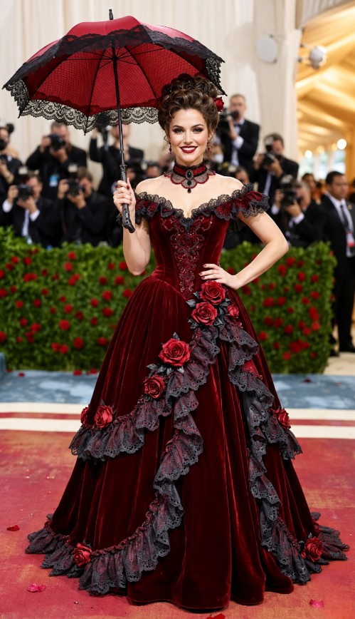 Burgunderrotes Gothic-Brautkleid mit Samt & 3D-Blumen