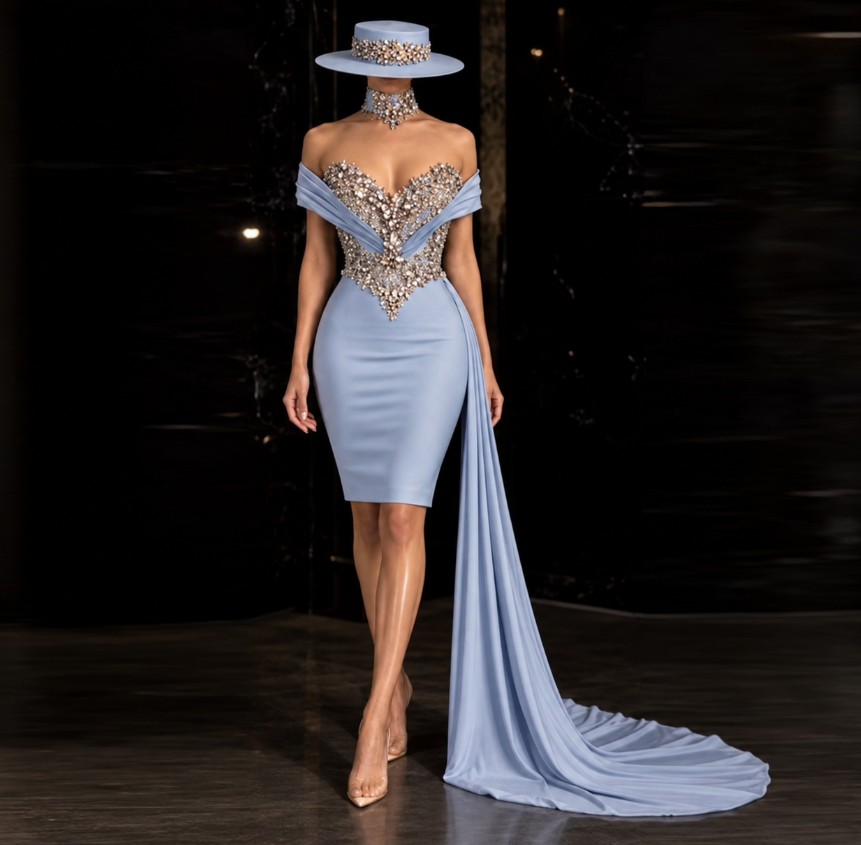 Blaues Mini-Brautkleid mit Perlen und schulterfreiem Schnittv