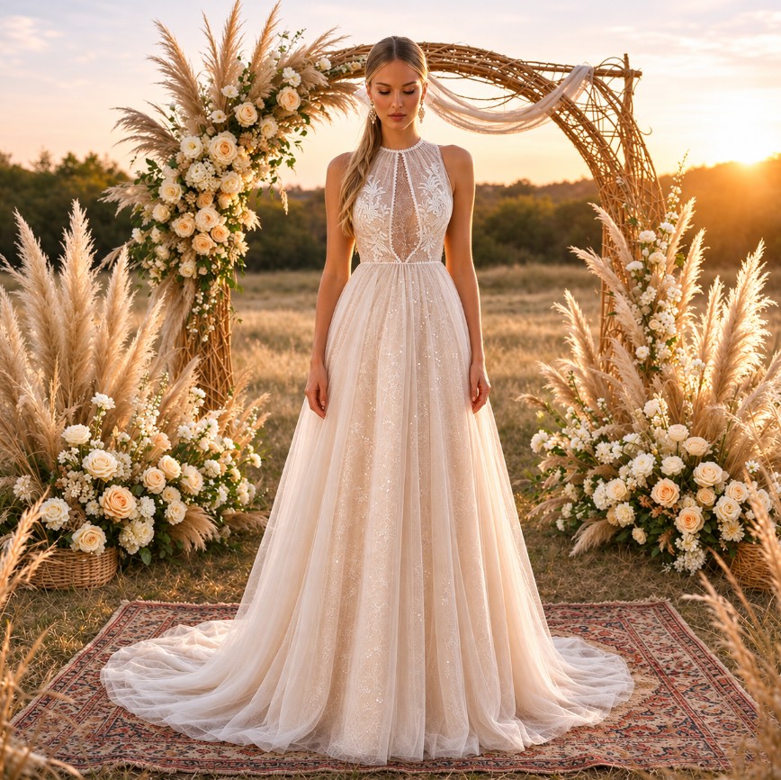 Vintage Boho Brautkleid mit Spitzenstickerei – Ärmelloses A-Linien-Kleid aus funkelndem Tüll