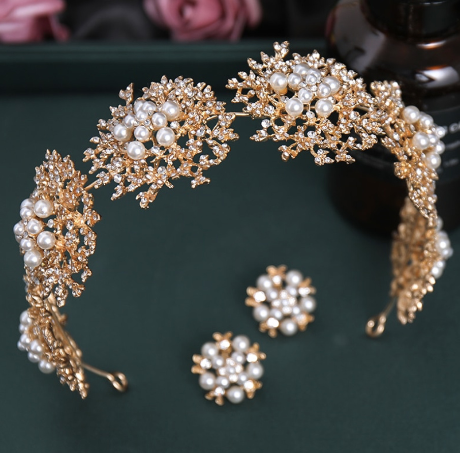 Kristall Perlen Braut Haarband mit Ohrringe im Set Gold